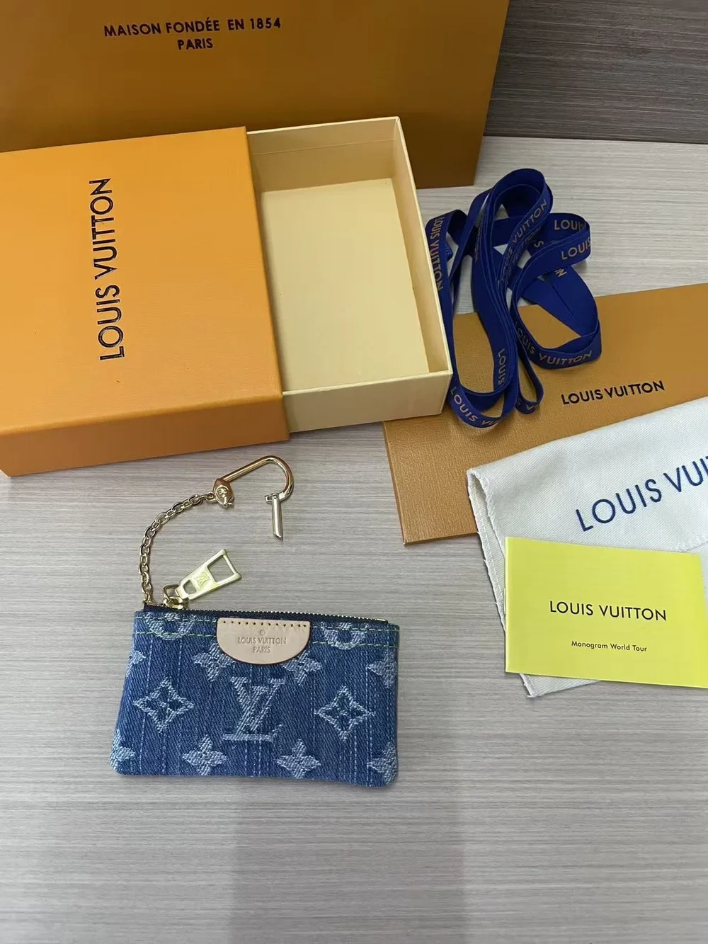 Louis Vuitton Blue Monogram Denim Key & Card Holder with Gold Chain